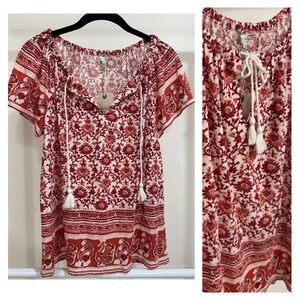 Lucky Brand Boho Tassel Tie Short Sleeve Floral Pattern Blouse in Cotton & Linen